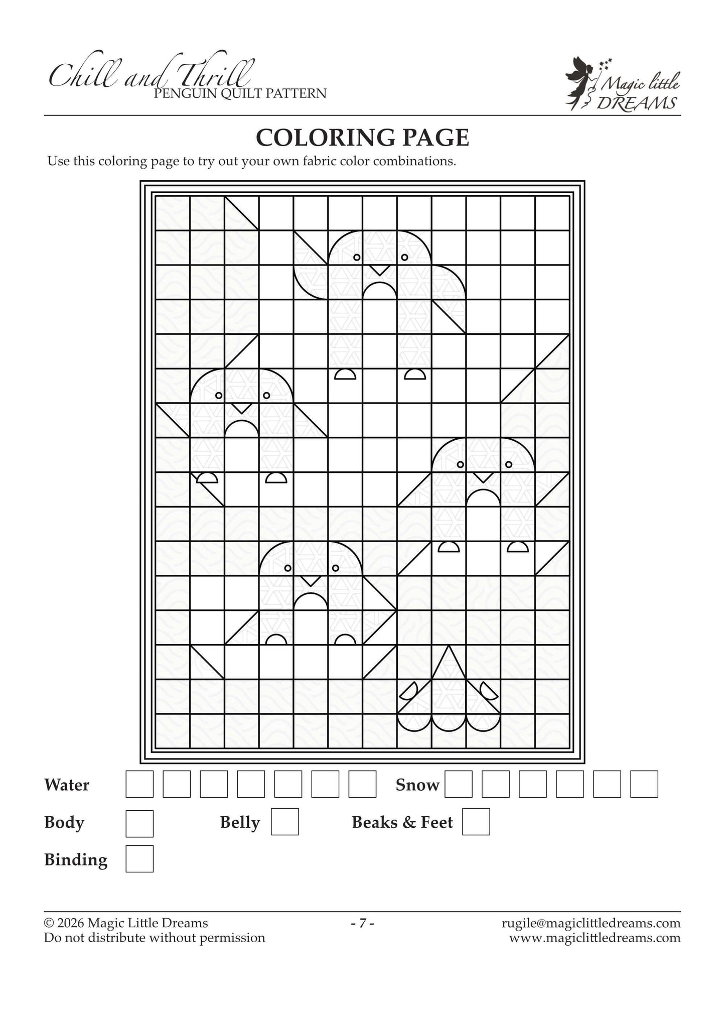 Chill and Thrill penguin quilt pattern coloring page showing the quilt block layout outline with empty squares for testing fabric color combinations for water, snow, body, belly, beaks and feet