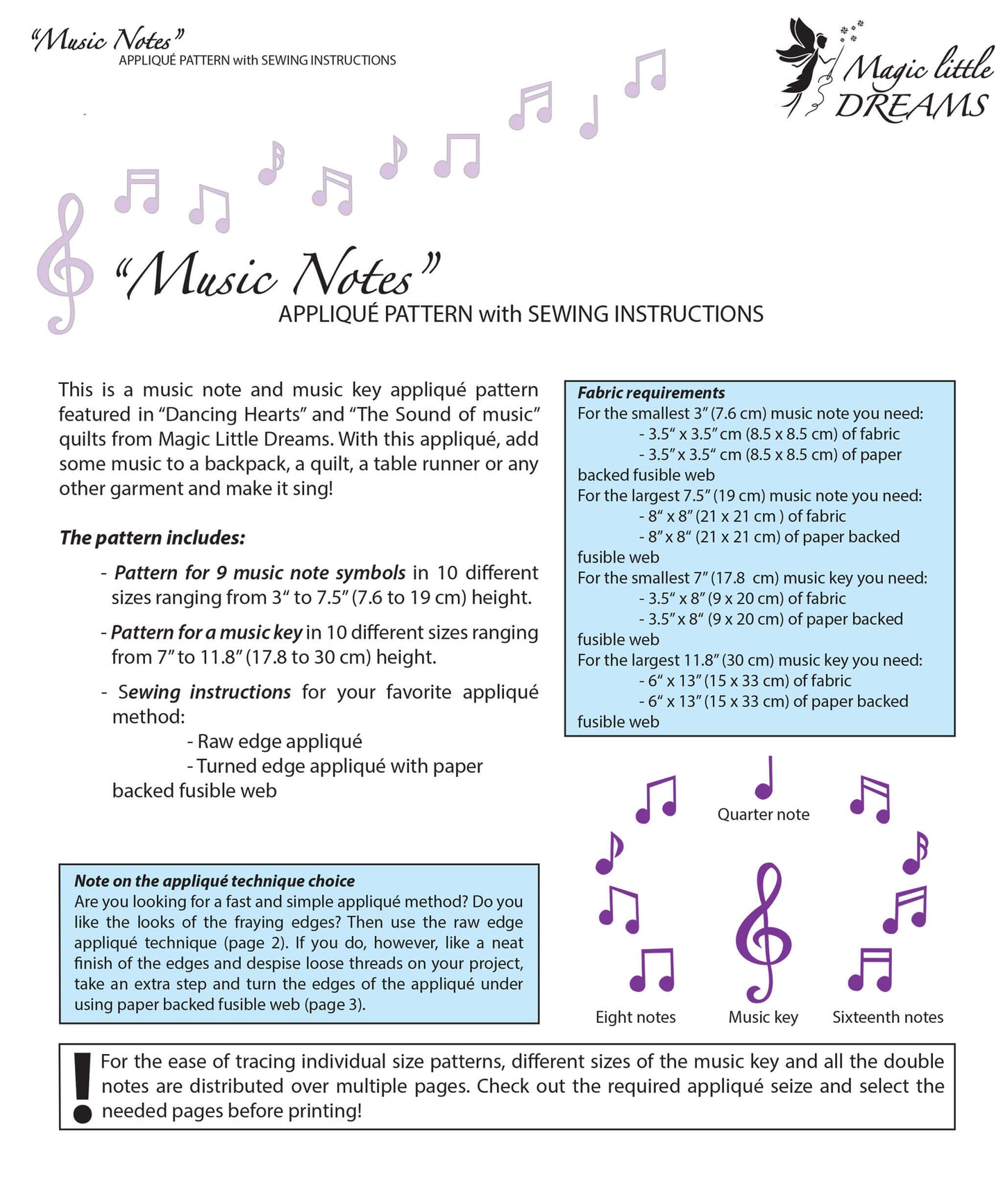 1st page from Music note applique pattern from Magic Little Dreams. It shows fabric requirements and different applique shapes available in the pattern.