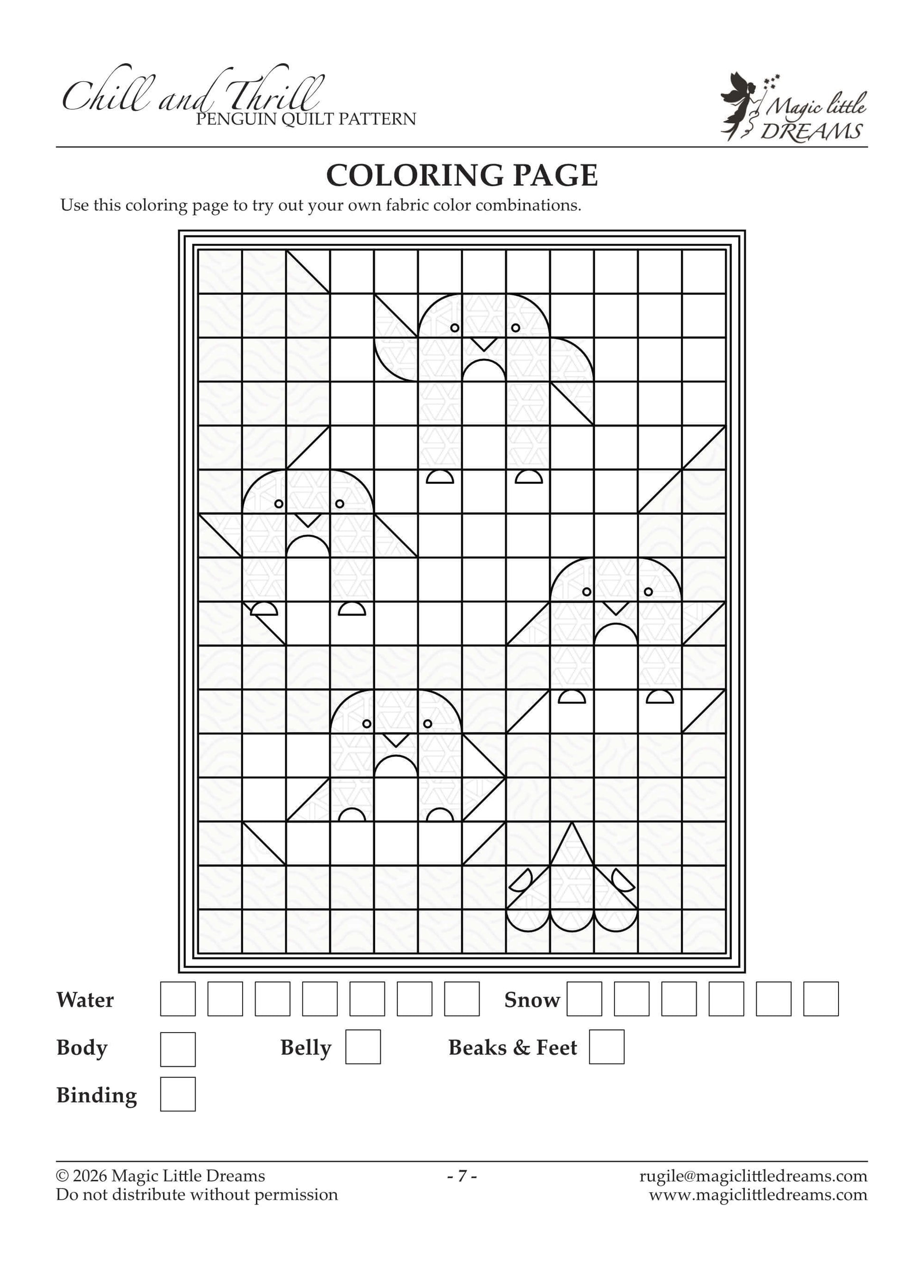 Chill and Thrill penguin quilt pattern coloring page showing the quilt block layout outline with empty squares for testing fabric color combinations for water, snow, body, belly, beaks and feet