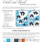 Chill and Thrill penguin quilt pattern fabric requirements page showing fabric quantities table for toddler, baby and pillow sizes with quilt layout diagrams