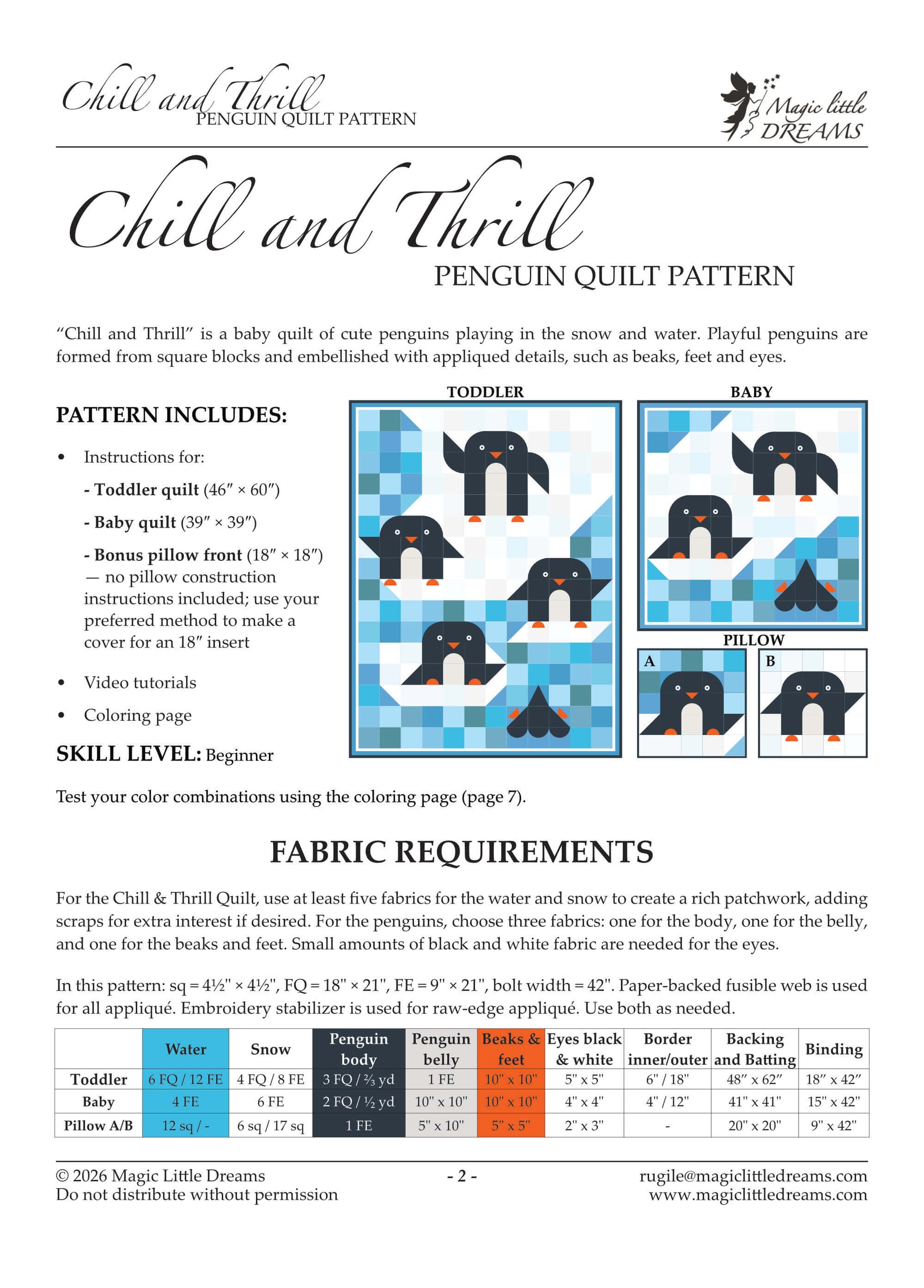 Chill and Thrill penguin quilt pattern fabric requirements page showing fabric quantities table for toddler, baby and pillow sizes with quilt layout diagrams