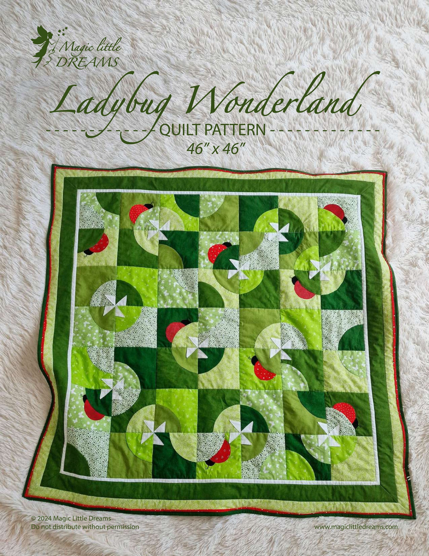 Cover of the Ladybug Wonderland baby quilt pattern, featuring a whimsical design with ladybugs, pinwheel flowers, and quarter-circle blocks in vibrant colors. Perfect for creating a charming quilt for a baby girl.