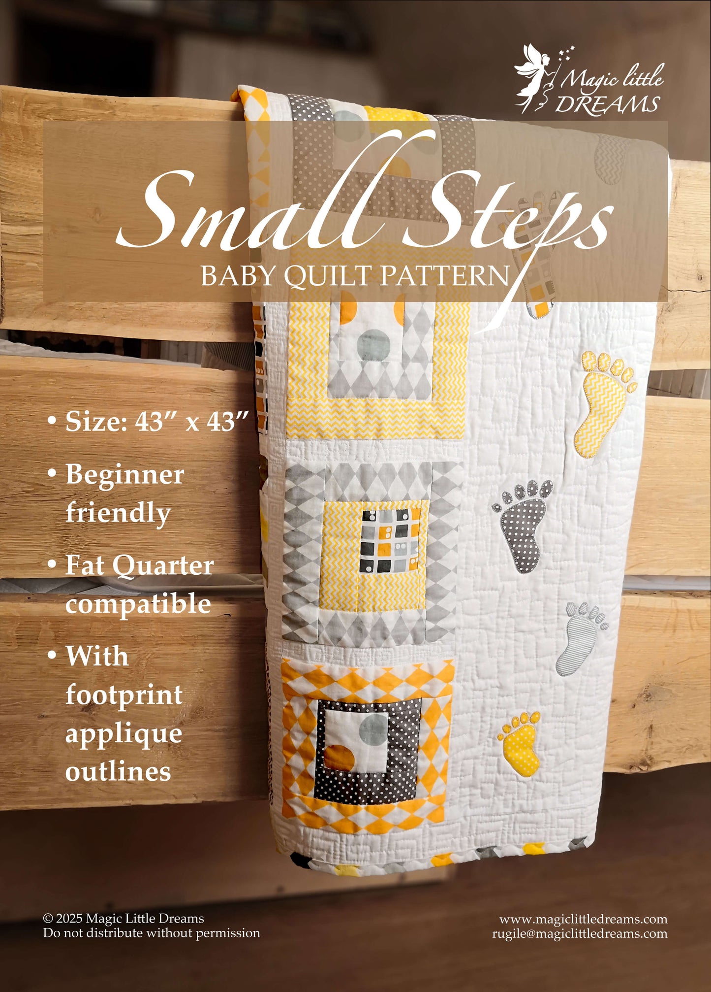 Front page of the Small Steps baby quilt PDF pattern, featuring a folded yellow and gray quilt with footprint appliqués on a wooden bed frame. Highlights include finished size 43" x 43", beginner-friendly design, and fat quarter compatibility.