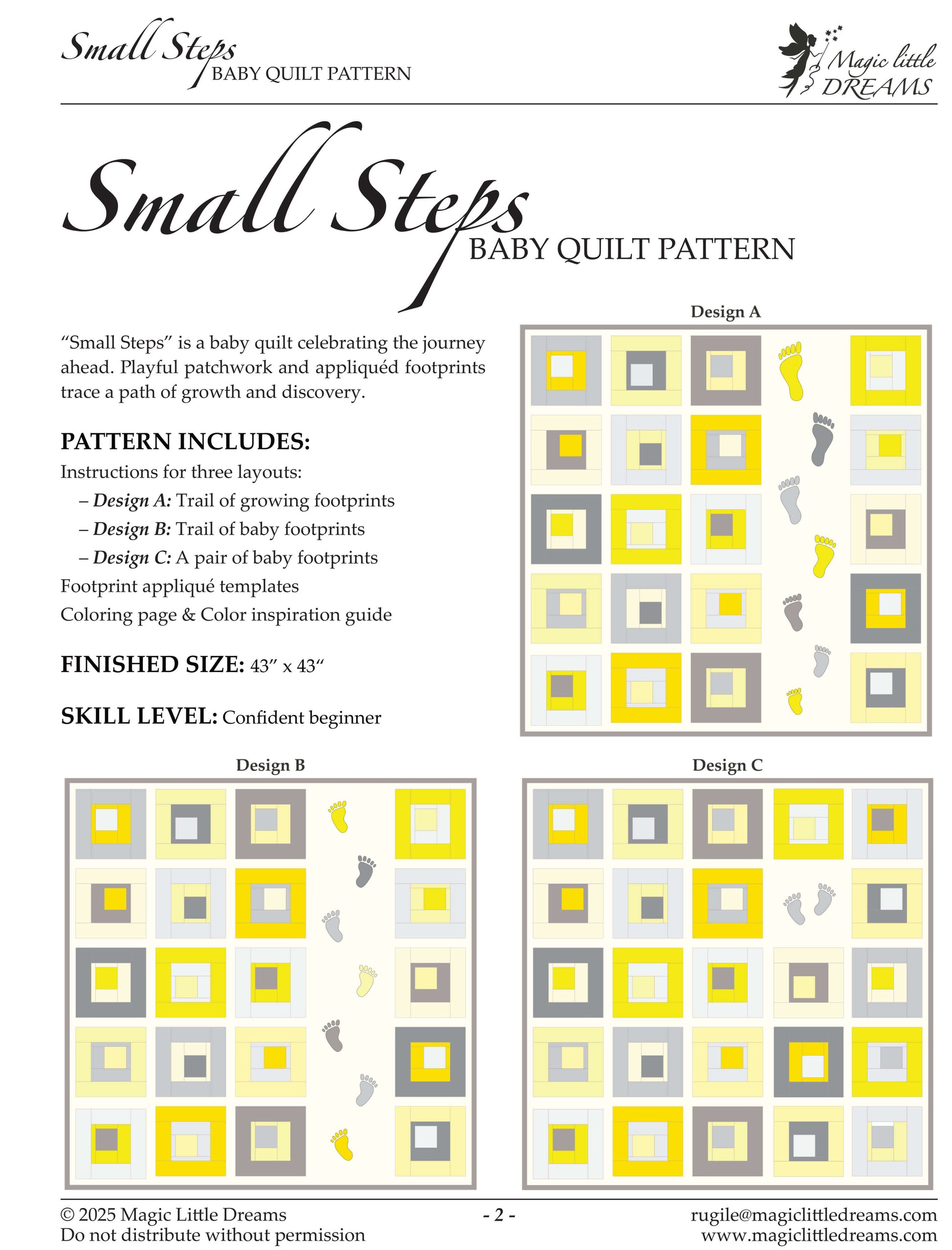 Introduction page of the Small Steps baby quilt pattern PDF, showing three quilt layout options, finished size 43" x 43", and skill level labeled as confident beginner