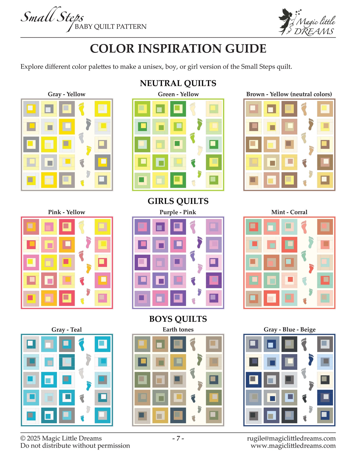 Color inspiration guide for a baby quilt pattern Small Steps with various color palettes.