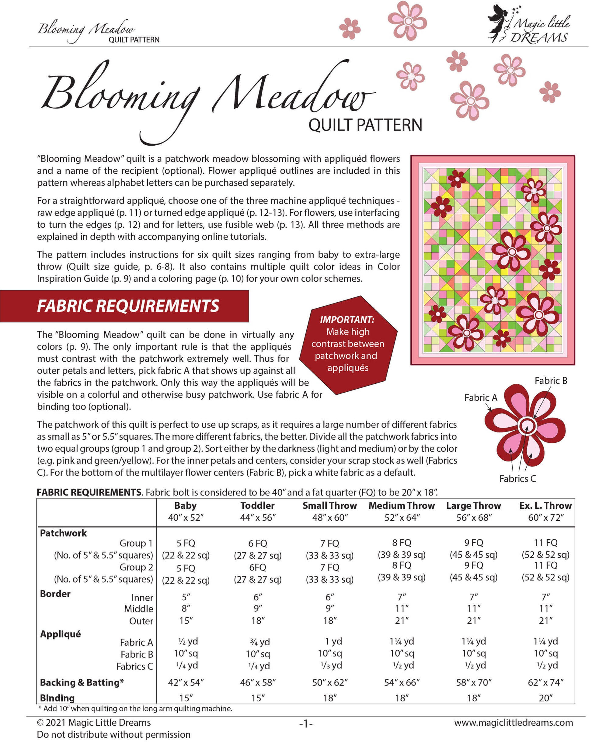 1st page of "Blooming "meadow" quilt pattern with fabric requirements