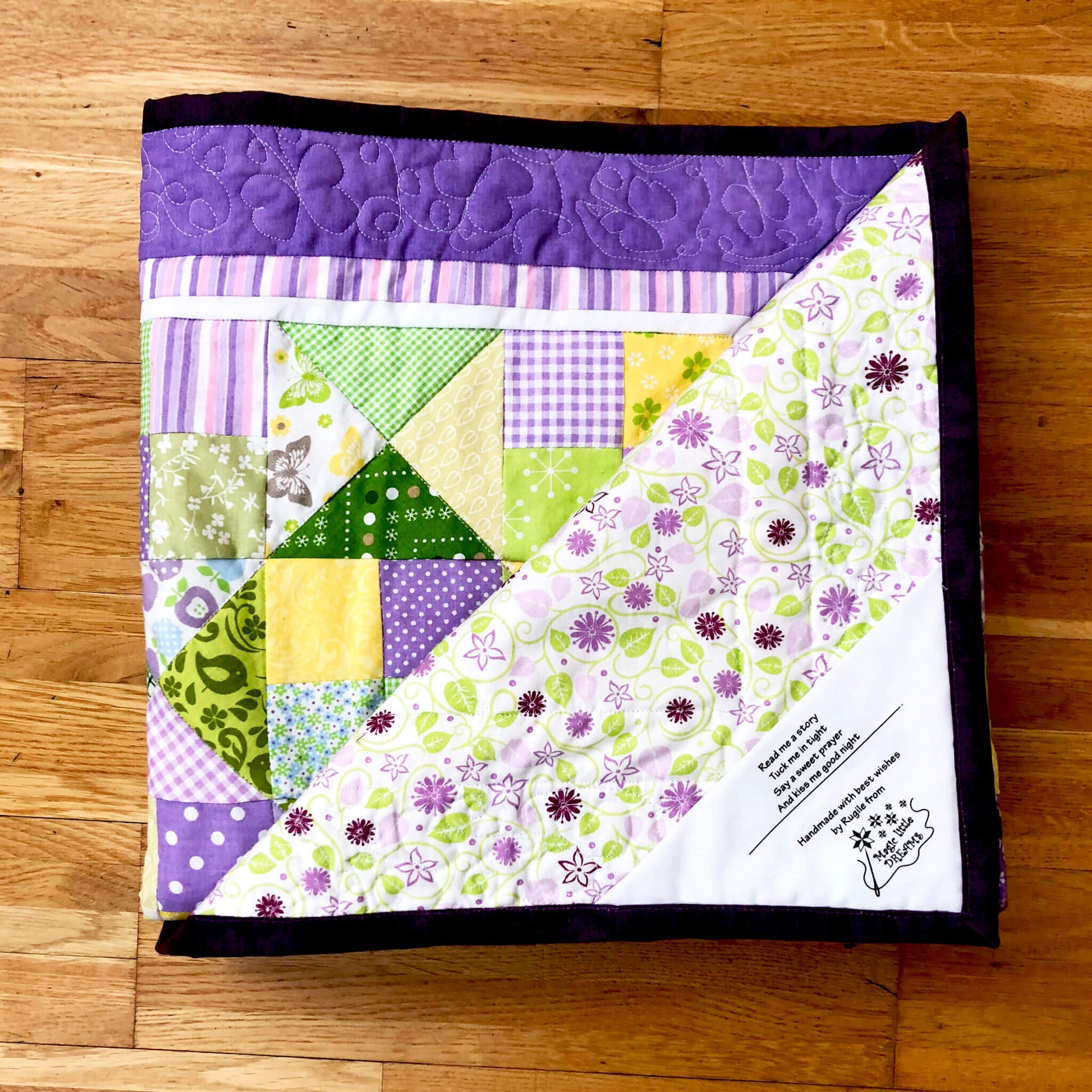Folded quilt with a label